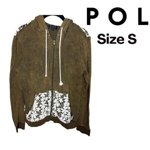 POL Women's Hooded Sweatshirt Green Ivory Crochet Trim Full Zip Boho Chic S EUC